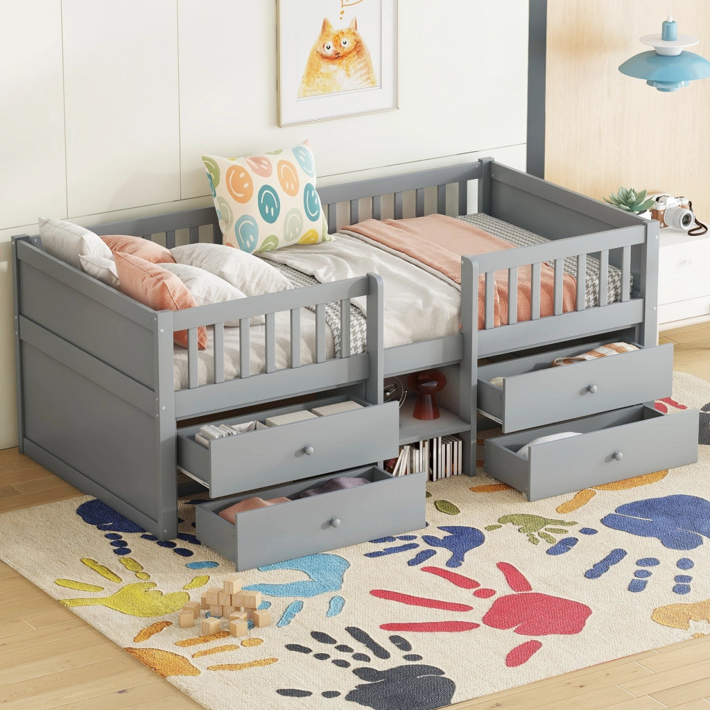 LETTO Semialto 90x200 cm Grigio con 4 Cassetti, Scala e Grembiule di Sicurezza