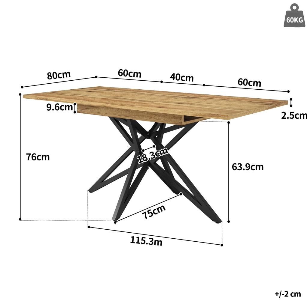 Tavolo da pranzo allungabile 120/160x80x76 cm con piano effetto noce brasiliano e gambe in metallo; naturale
