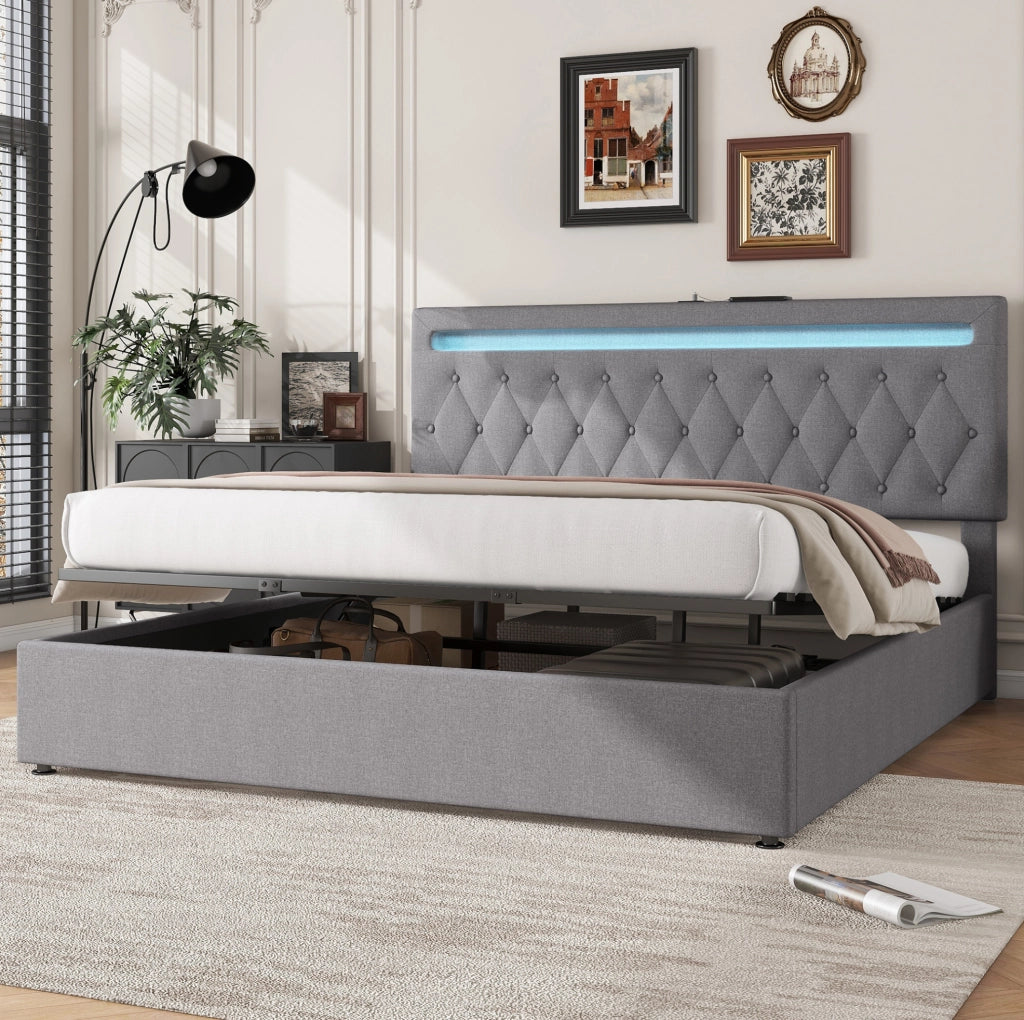 Letto 180x200 cm con sollevamento idraulico; LED controllabile tramite app e USB; grigio