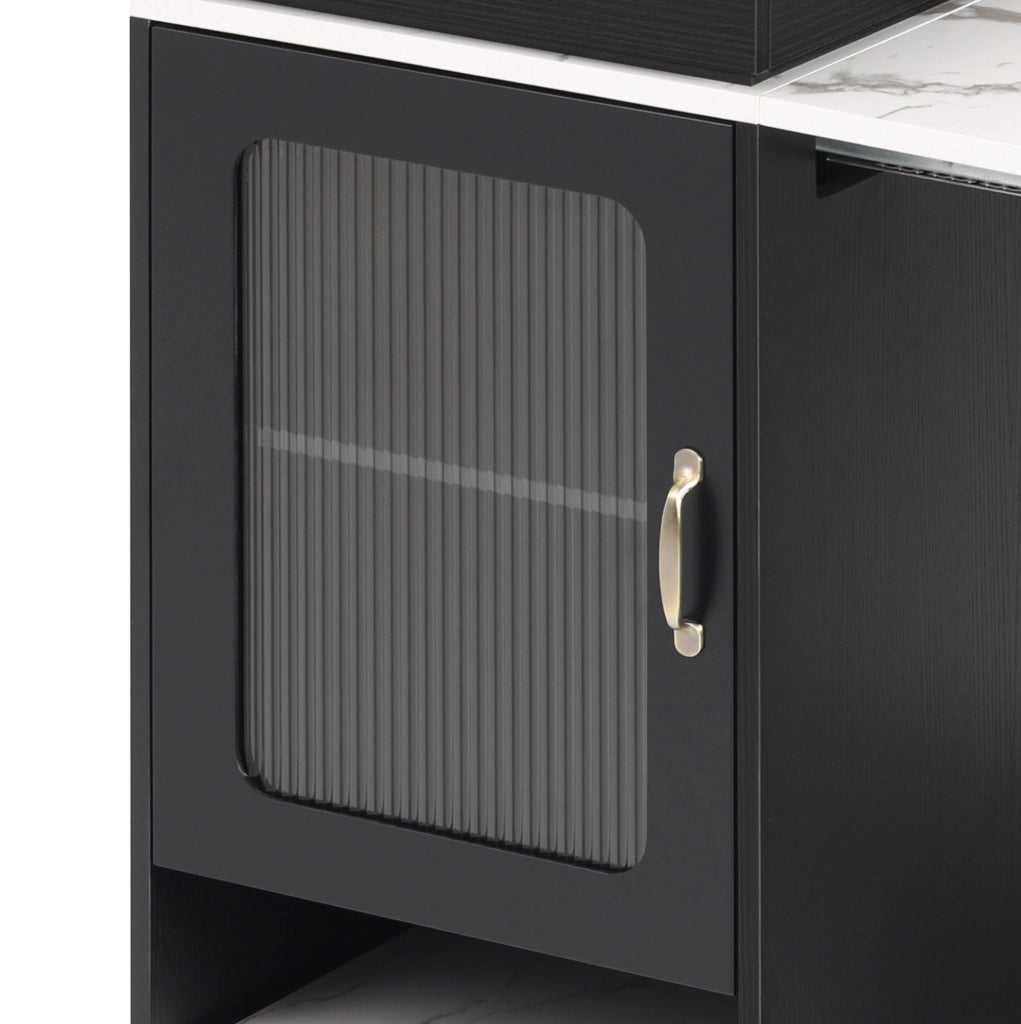 Tavolo da pranzo estensibile con prese; mobile contenitore in MDF e vetro bianco e nero
