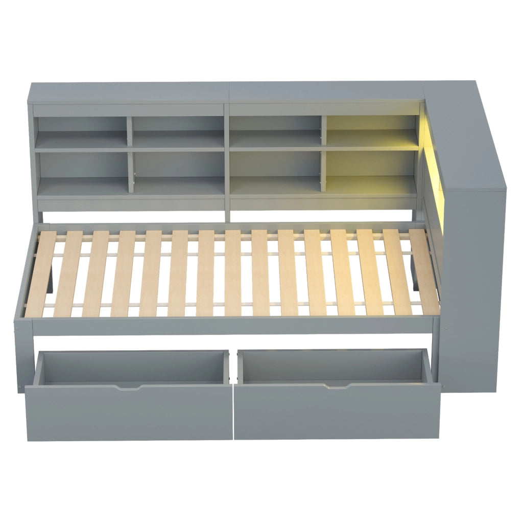 Letto 90x200 cm con contenitori; USB e LED in legno grigio