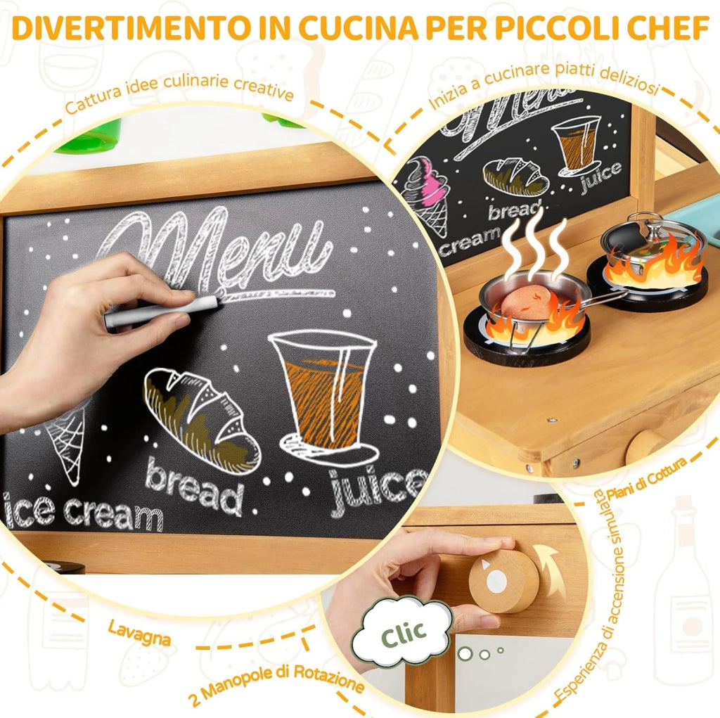 Cucina in Legno per Bambini, Cucina da Gioco all'Aperto con Rubinetto, Lavandini Rimovibili, Lavagna, Fornelli, Manopole, Vasi di Fiori e Accessori per Piantare, per Bambini 3+ Anni