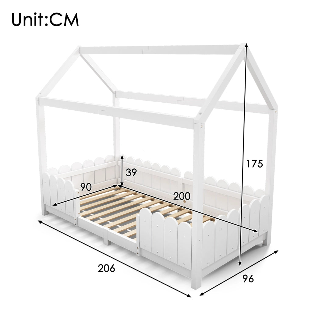 Letto a casetta per bambini 90x200 cm bianco con rete
