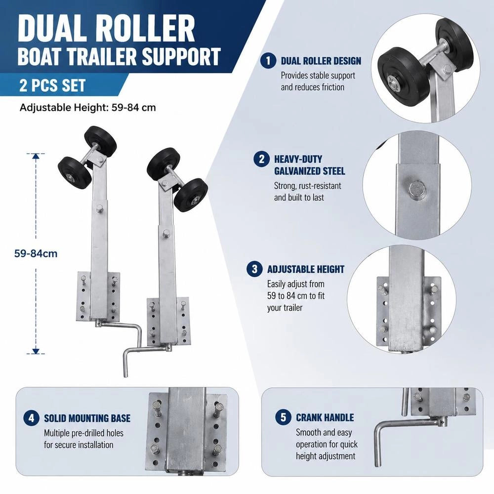 Boat Trailer Supports, Double Rollers, Set Of 2, 59-84 Cm