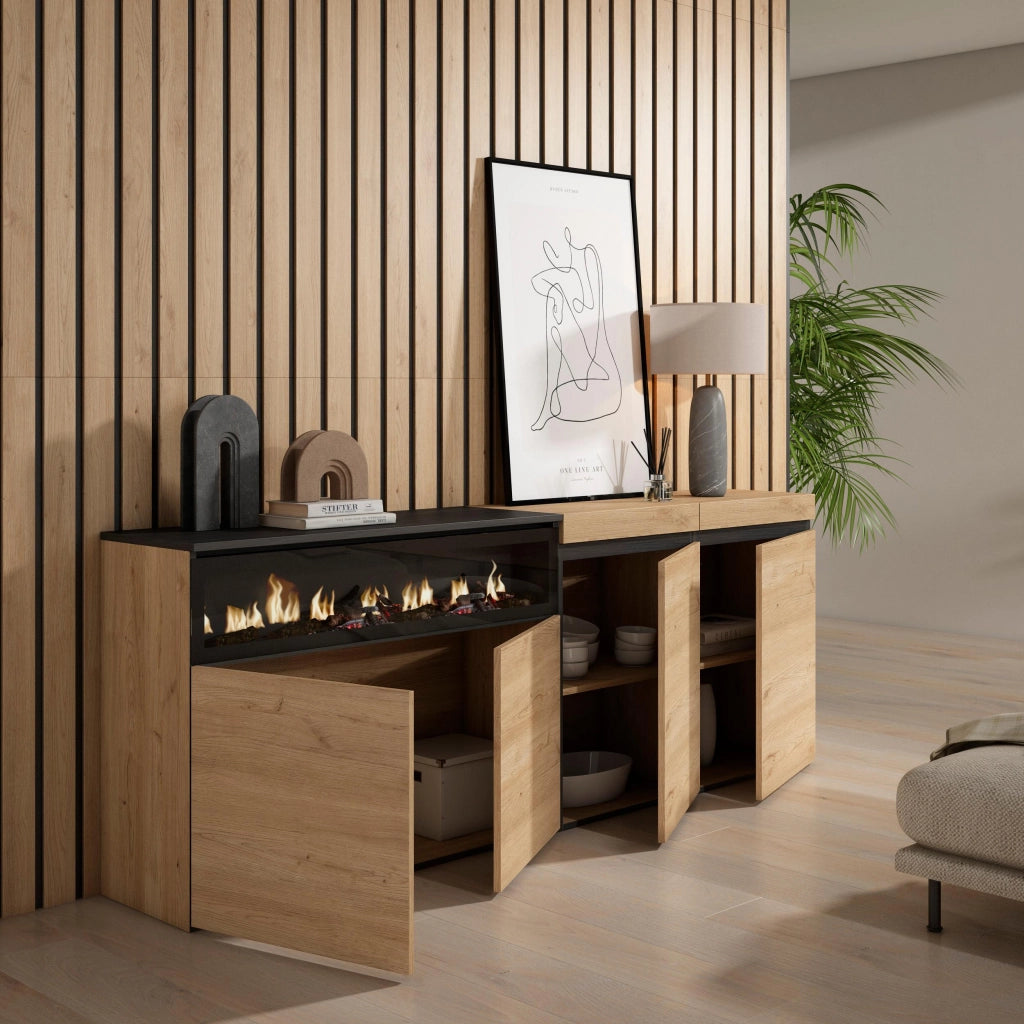 Credenza, Mobile, 200x35x75cm, 4 Porte, Camino elettrico, colore Rovere e nero RF2310