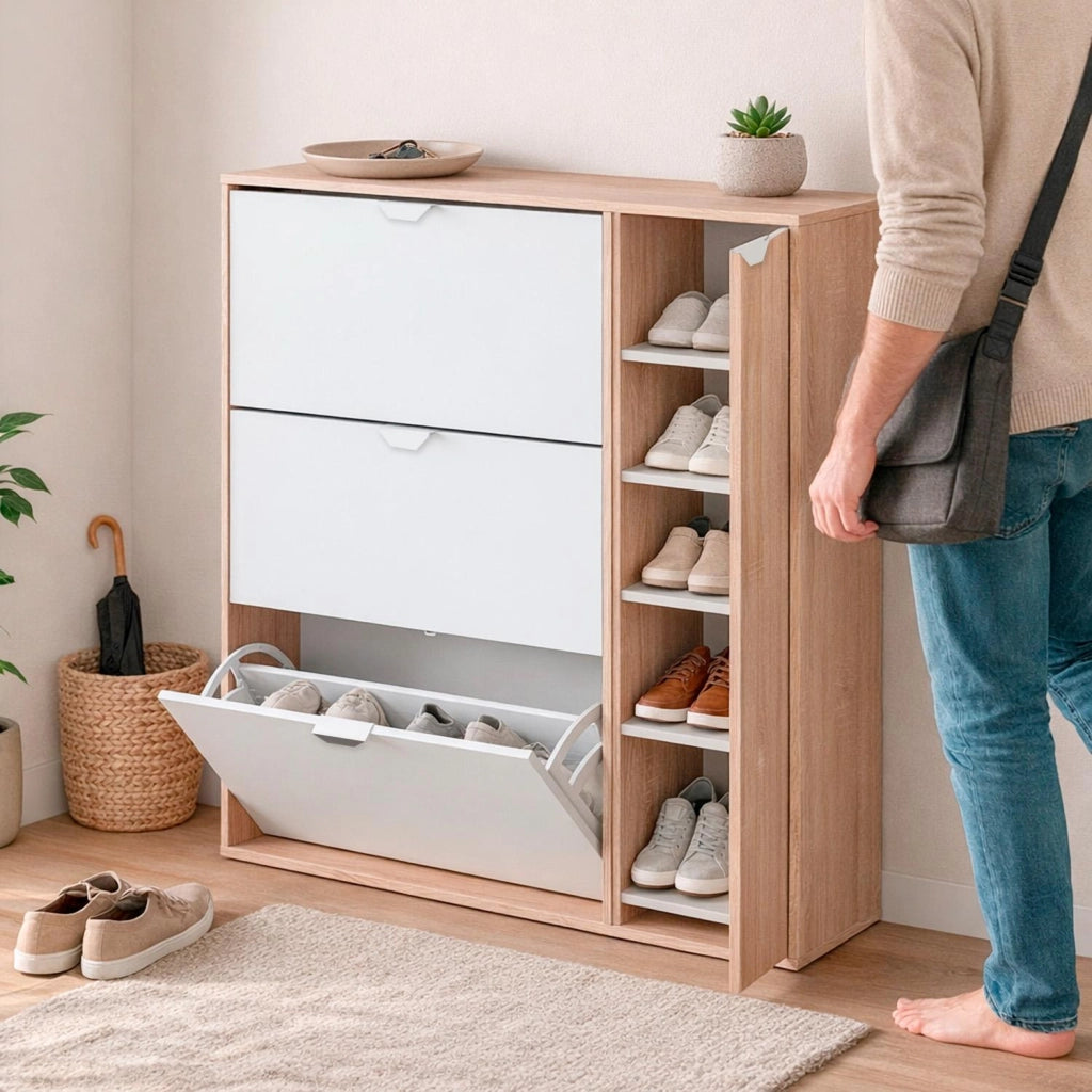 Scarpiera Multiuso 3 Ribalte Con Anta Laterale A 5 Ripiani Regolabili Mobiletto Salvaspazio Per Ingresso Camera Contiene Fino A 30 Paia Di Scarpe Design Moderno 112 x 105 x 24 Cm Rovere E Bianco