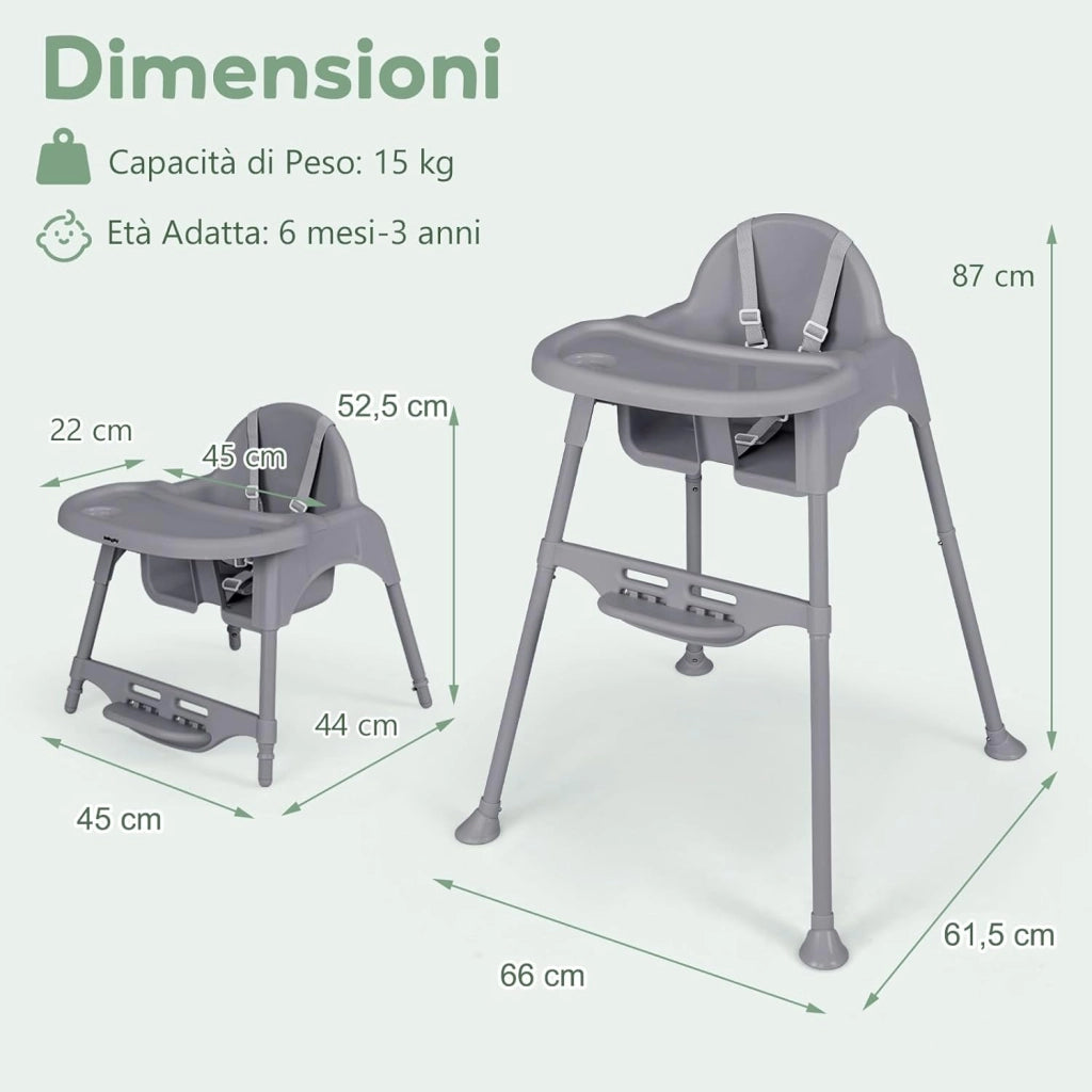 4 in 1 Seggiolone per Bambini, Seggiolone Papa con Vassoio Regolabile, Sedia da Terra per Bambini con Poggiapiedi, pert Bambini 6-36 Mesi (Grigio)