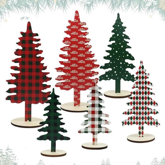 Mini albero di Natale - 6 pezzi, decorazione di albero di pino in legno con base