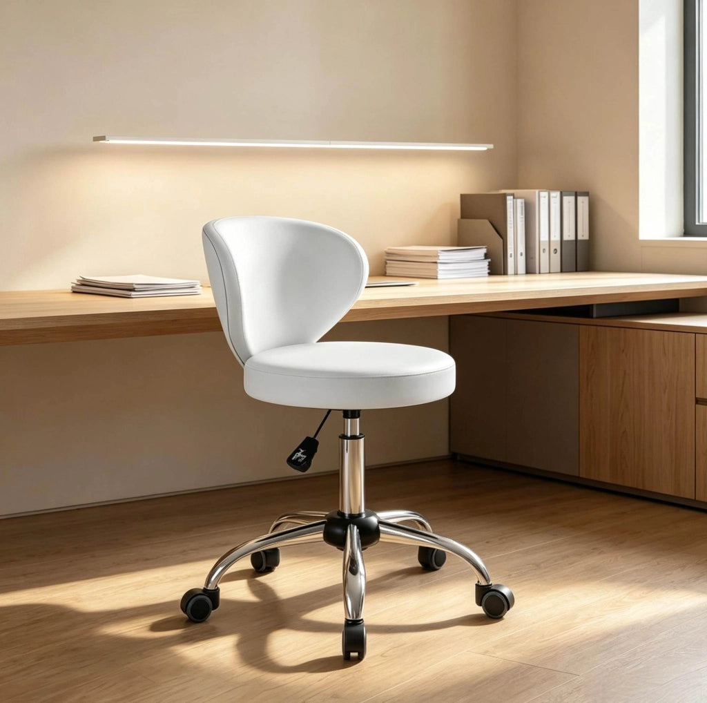 Sgabello da salone ULEVR girevole 360¡ã con schienale, altezza regolabile 73-88 cm, PU bianco e base cromata