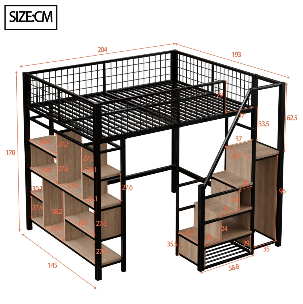 Letto a soppalco multifunzione 140x200 cm in metallo e legno; nero; con scala contenitore e spazio sottostante