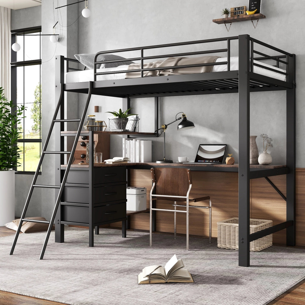 Letto a castello con scrivania e cassetti ferro legno nero noce scuro 90x200 cm