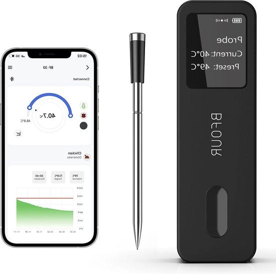 Termometro di carne a Bluetooth con display LCD e connessione app - Raggio di azione - 100% impermeabile - Termometro per barbecue e forno - misura temperatura aria e carne