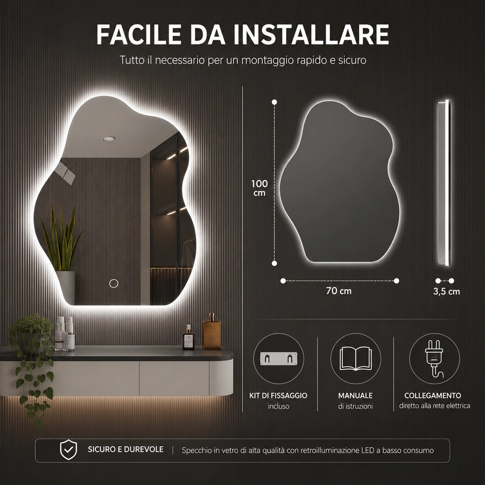 Specchio Forma Ondulata da Parete 50x70cm con LED 3 Colori Accensione Touch