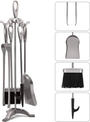 Kit di utensili per camino, 5 pezzi, 64 cm, argento, ferro di fucina, accessori per camino aperto per interni, per standard in legno, corona di fuoco, standard, tenuta di fuoco, camino, set di strumenti per camino