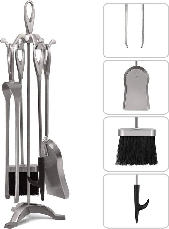 Kit di utensili per camino, 5 pezzi, 64 cm, argento, ferro di fucina, accessori per camino aperto per interni, per standard in legno, corona di fuoco, standard, tenuta di fuoco, camino, set di strumenti per camino