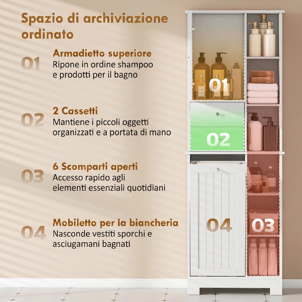Armadietto da Bagno con Cassetti e Cesto Inclinabile ¨C Zephmum ¨C Bianco