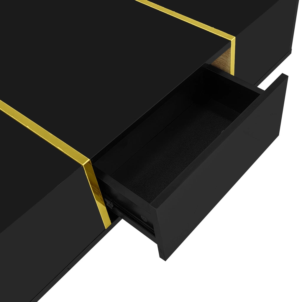 Tavolino da Caffè con 2 Cassetti; Finitura Lucida Nera con Dettagli in Metallo Oro; in MDF; 100×60×41;5 cm