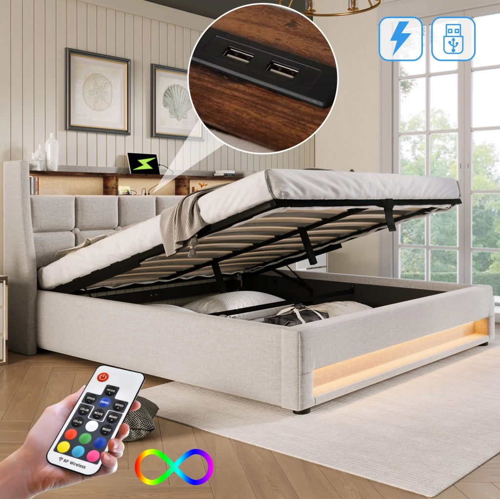 Letto imbottito 160x200 cm beige con LED, USB e vano contenitore