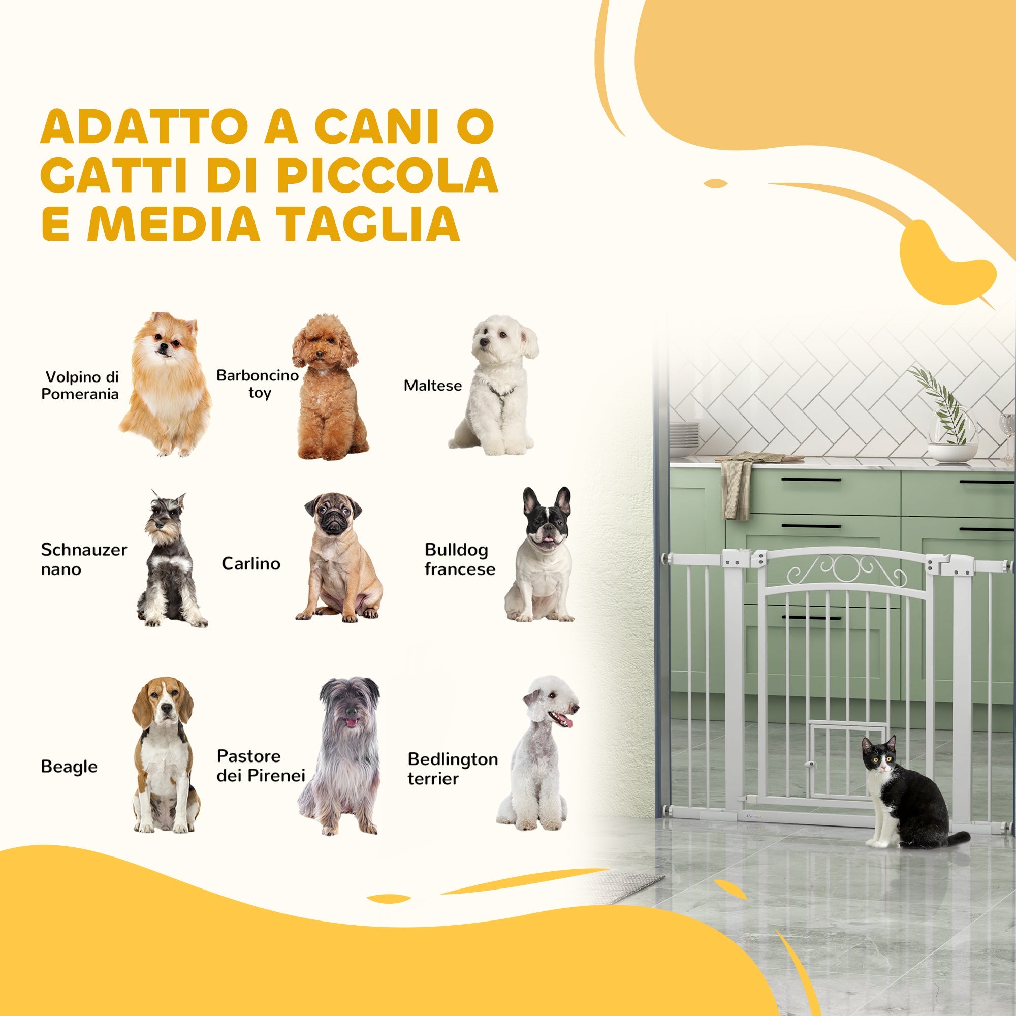 Cancelletto di Sicurezza per Animali con Estensioni 76-104x77cm Porta per Gatti Bianco