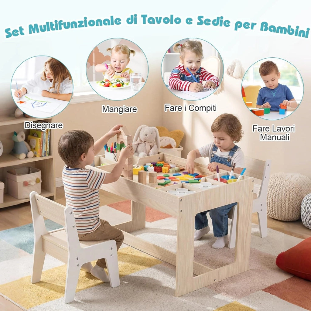 Set Tavolo Multifunzionale per Bambini e 2 Sedie, Tavolo e Sedie in Legno con Piano Doppio Rimovibile, Lavagna Nera & Lavagna Bianca, Compartimenti Laterali con Divisori Staccabili (Naturale)
