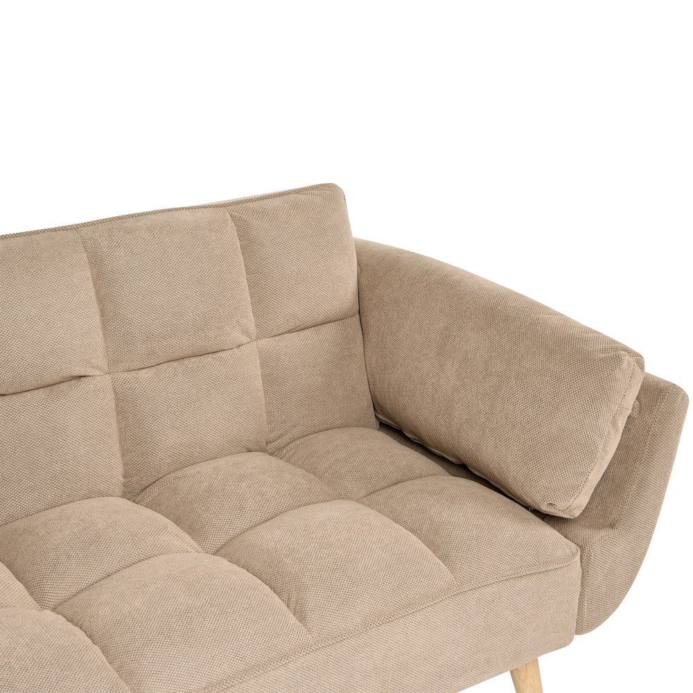 Divano Letto 3 Posti in Tessuto Marrone Chiaro con Gambe in Legno Imbottitura in Schiuma Schienale Diviso e Imbottitura Biscuit Idrorepellente