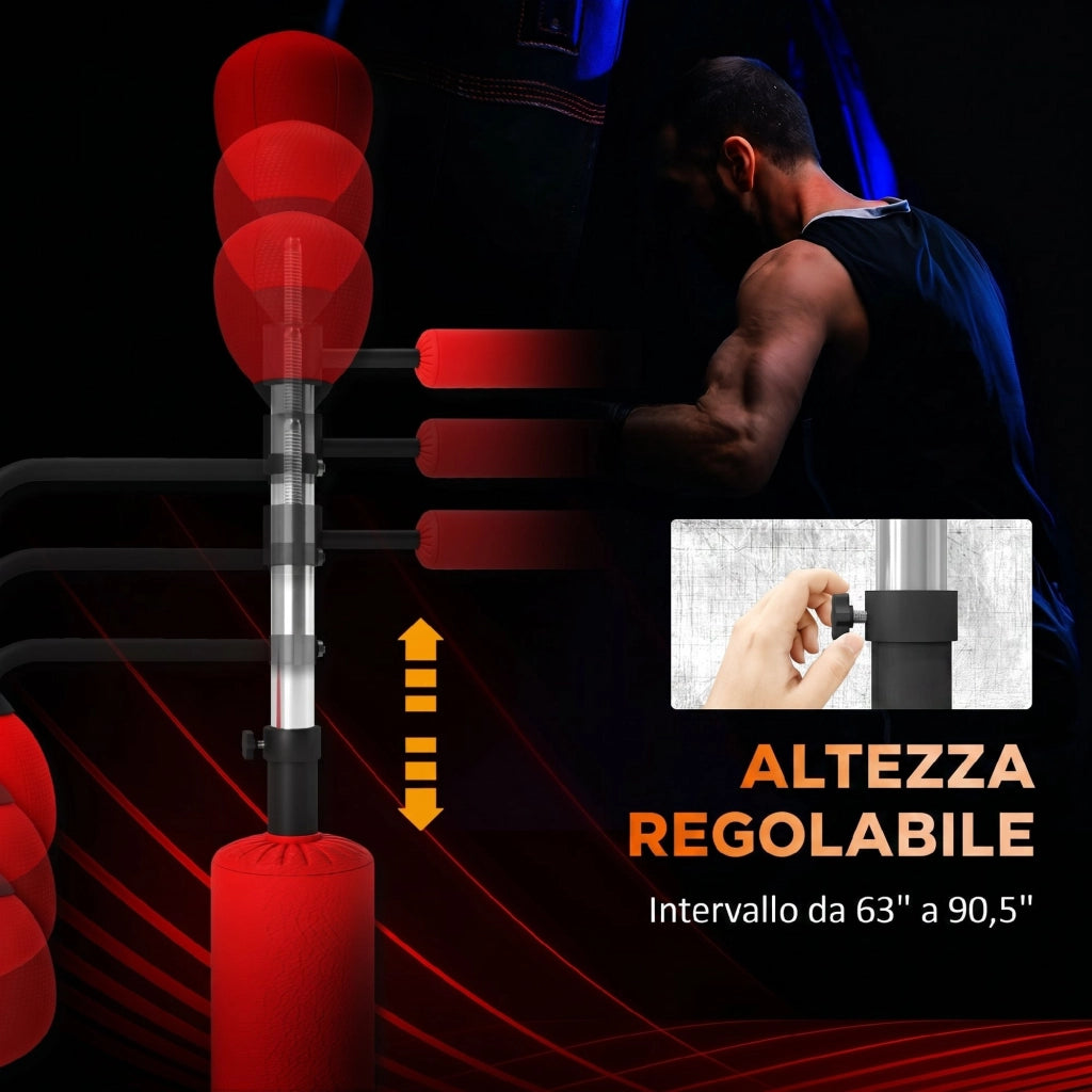 Sacco Boxe da Terra 4 in 1 con 2 Speedball Barra Girevole e Sacco Altezza Regolabile da 160-230 cm Rosso