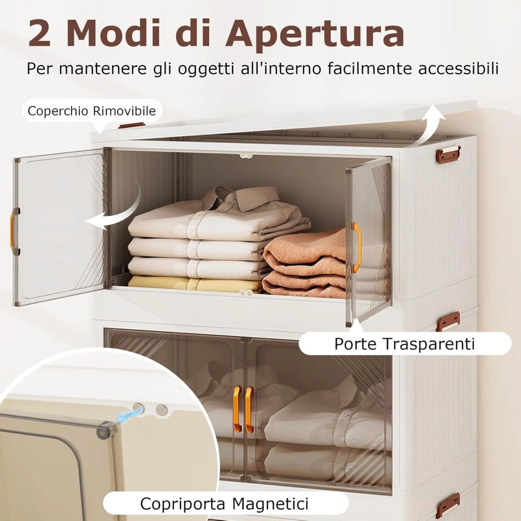 Contenitori da Stoccaggio Pieghevoli con Coperchio da 213/284 L, Scatole Impilabili a 3/4 Piani con Ruote, Organizzatore Pieghevole con Porte per Camera da Letto Soggiorno (65 x 39 x 142 cm)
