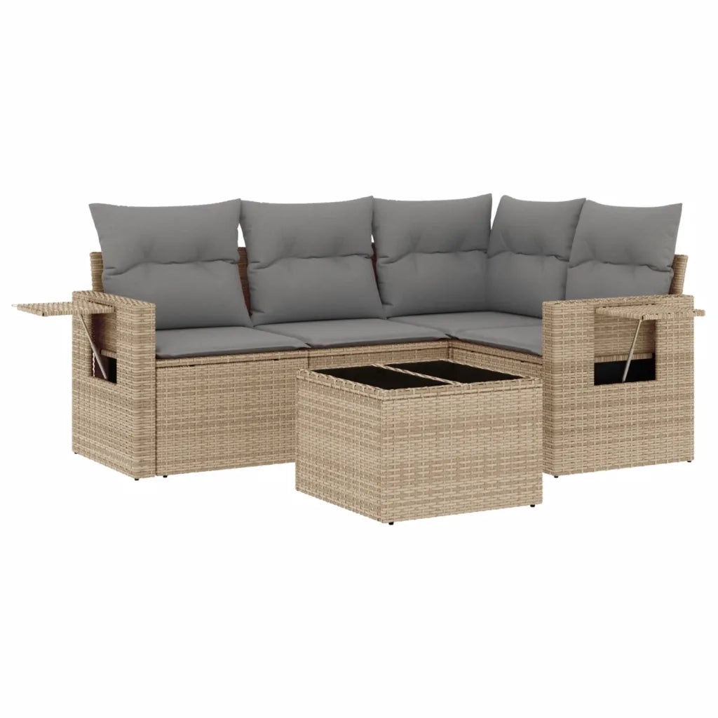 Set Divano da Giardino 5 pz con Cuscini Beige in Polyrattan