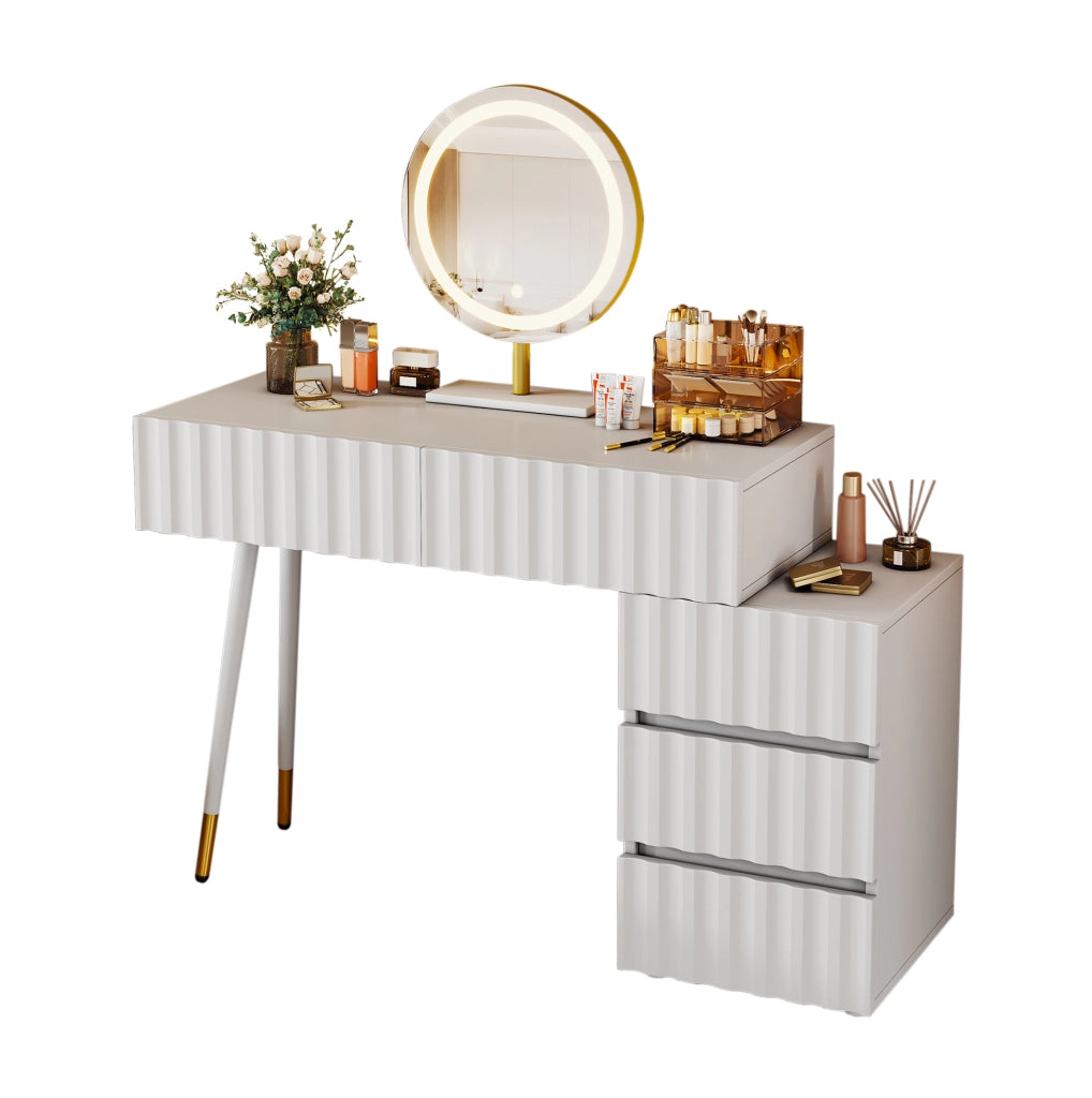 Toeletta 100x40x127 cm con specchio LED a tre colori; 5 cassetti; MDF e truciolare; bianco