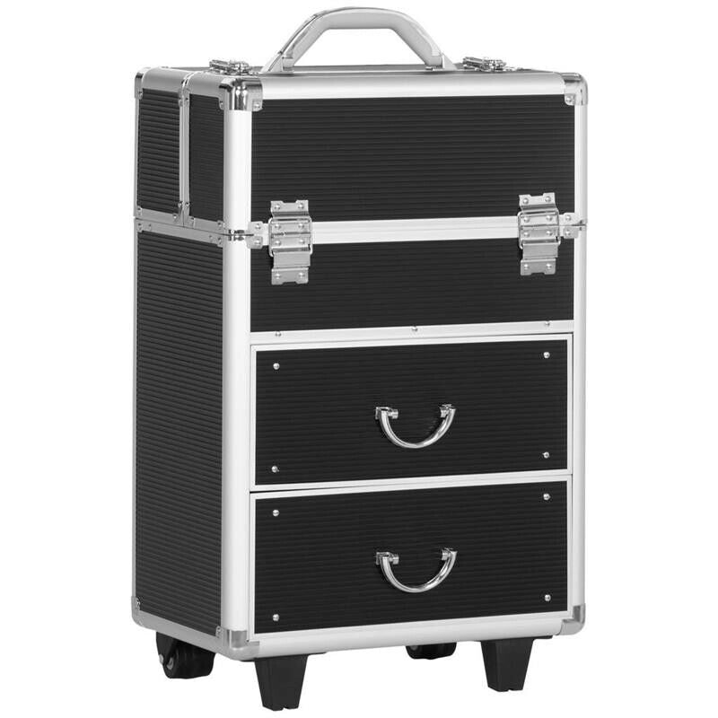 VALIGETTA TROLLEY PER MAKE UP PROFESSIONALE RINFORZATA , BLOCCO CON 2 CHIAVI E RUOTE, NERO 36X23X58 CM