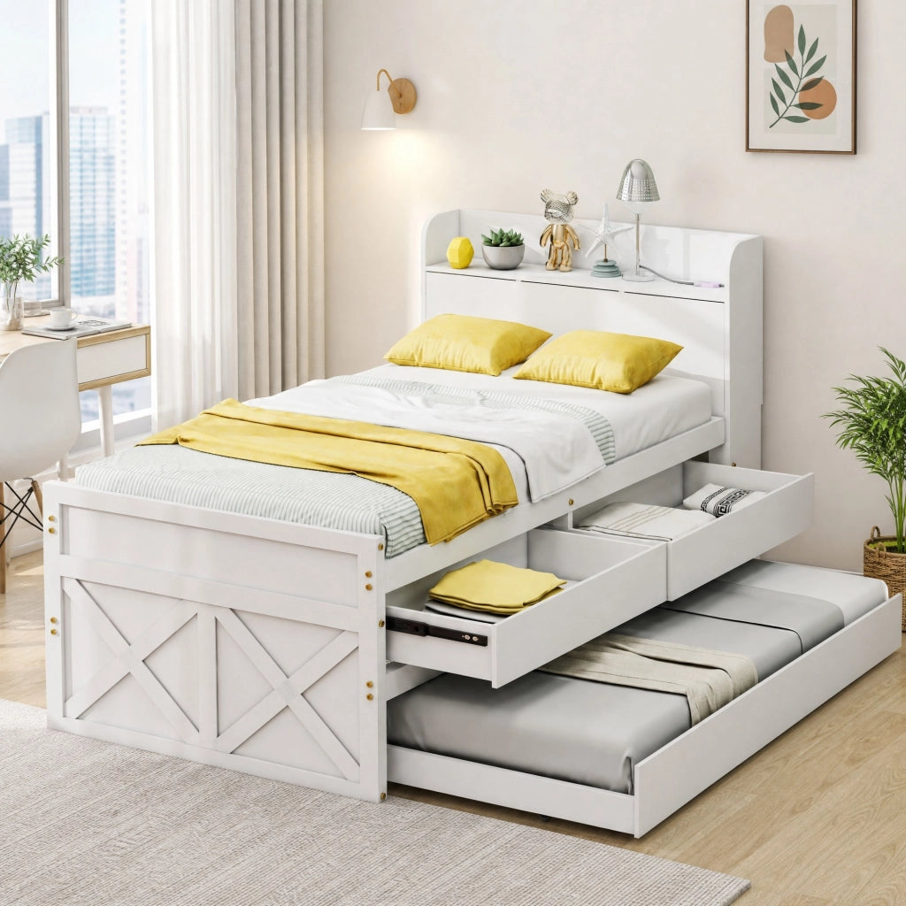 LETTO 90x190 cm in legno massello bianco con 2 cassetti, letto estraibile, USB