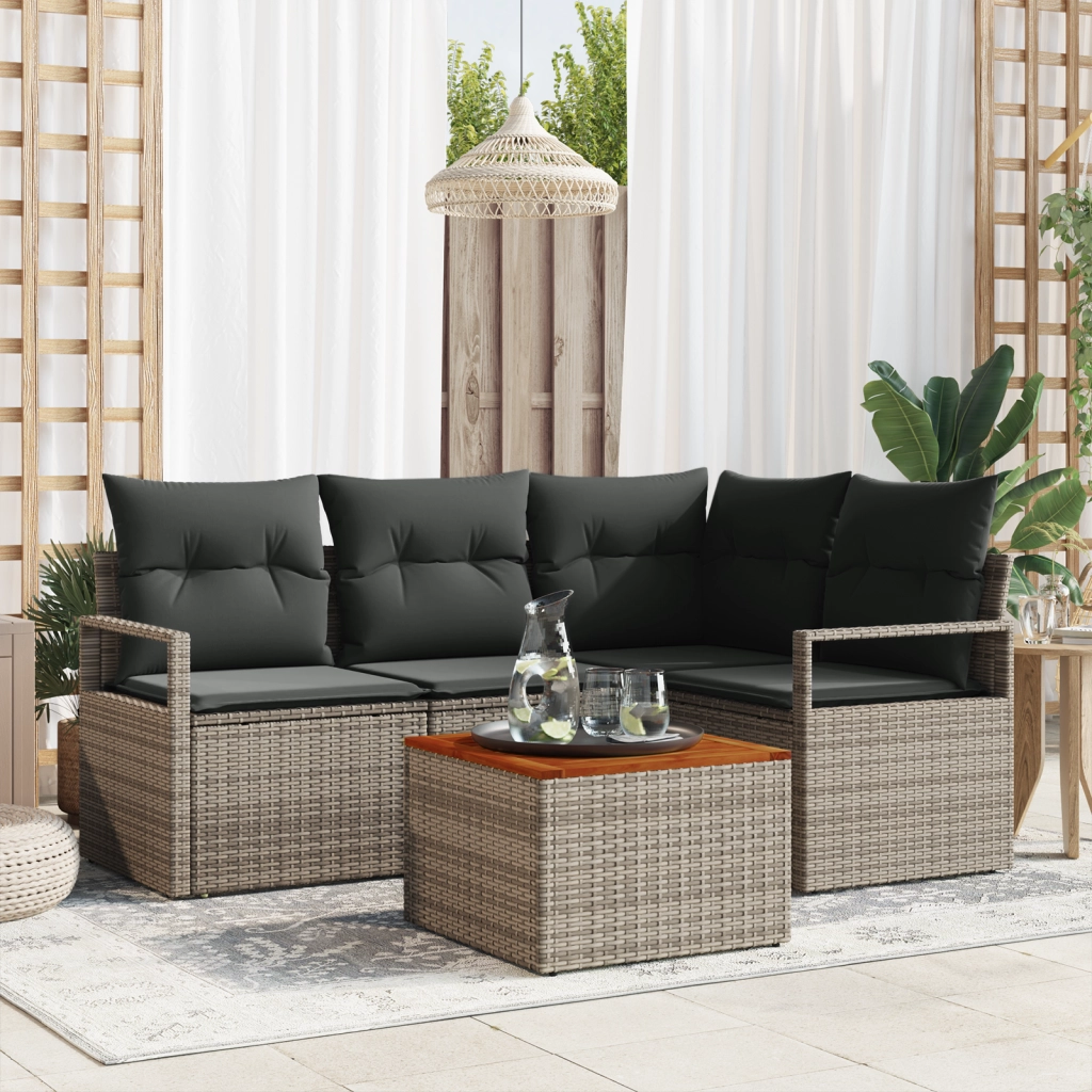 Set di Divani da Giardino 5 Pezzi con Cuscini Grigio Polyrattan Acacia