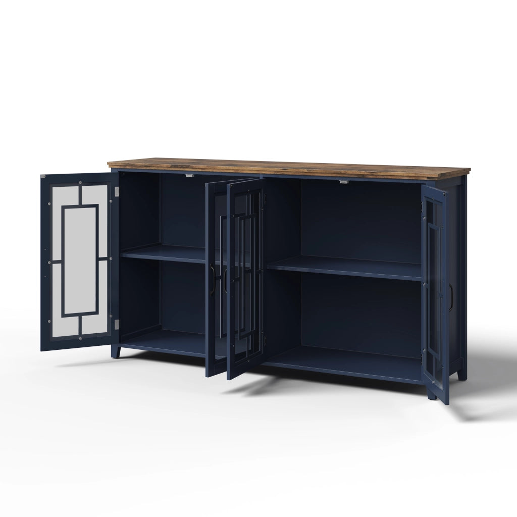 Credenza da cucina 160 cm con ante in vetro, ripiani interni e piano effetto legno, blu