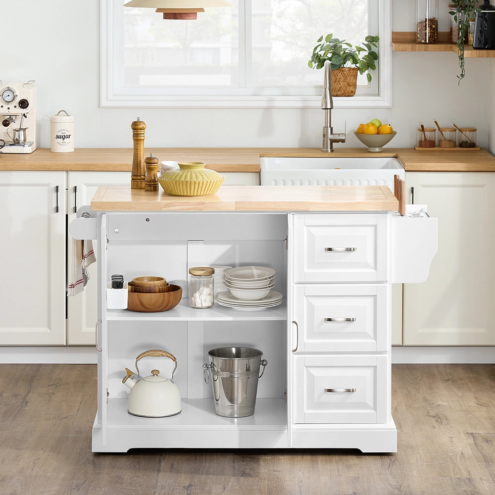 SoBuy | Isola cucina bianca con 4 ruote | Carrello cucina con 2 porte | Cucina a penisola con 3 cassetti | 128.0x71.0x90.5 cm | Capacità di carico 94 kg | FKW41-II-WN
