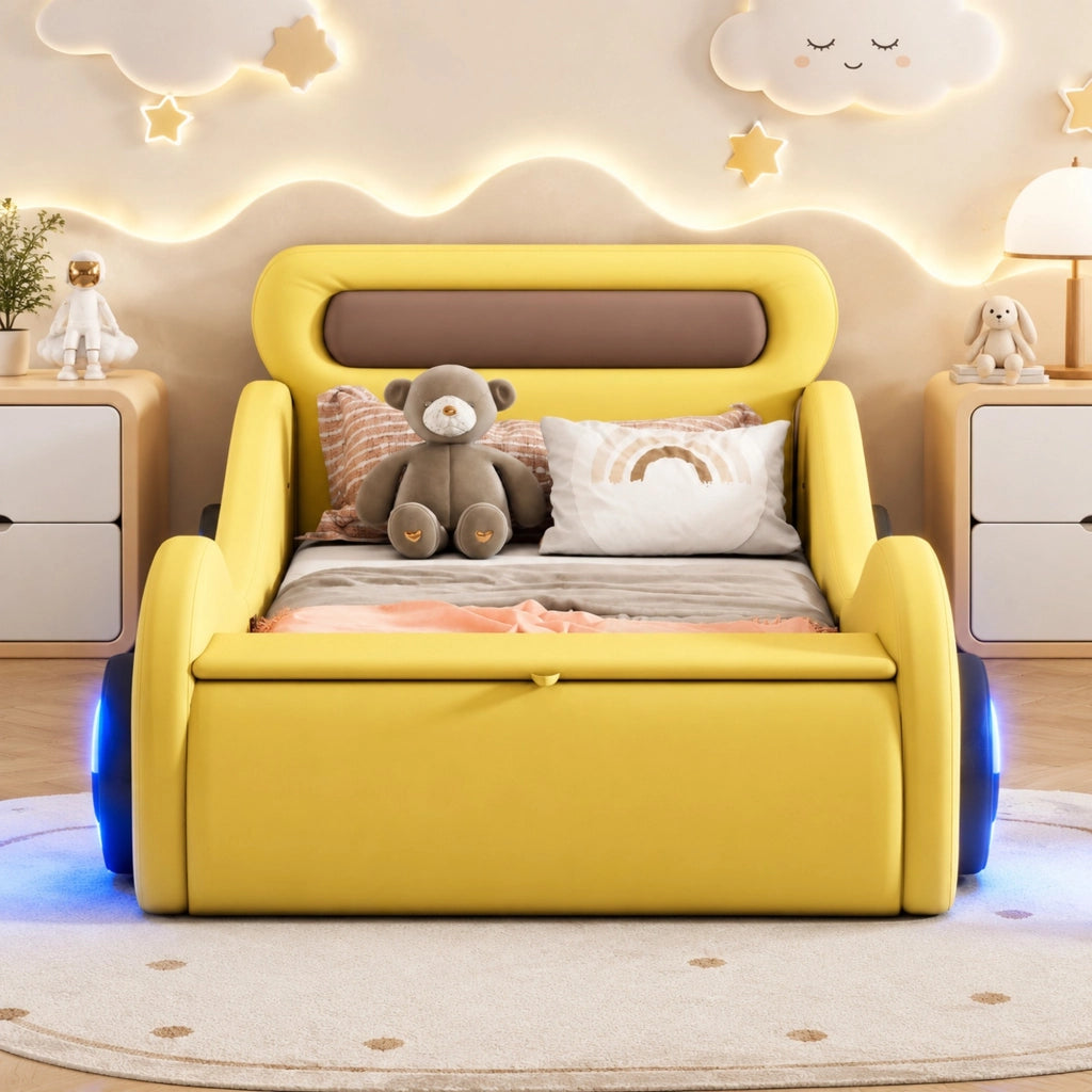 Letto auto imbottito 90x200 cm con ruote luminose, giallo