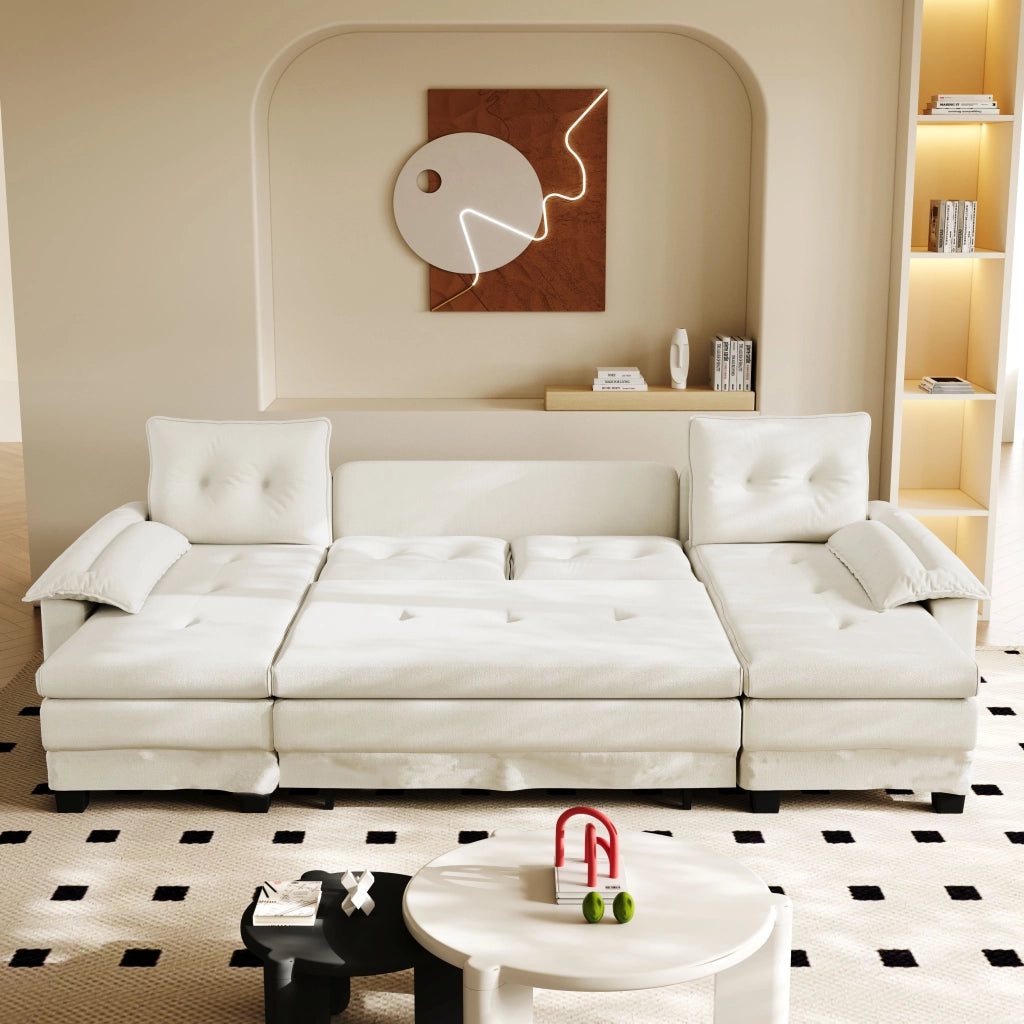 Divano panoramico a U convertibile con porta USB, braccioli rimovibili e 4 cuscini in ciniglia beige