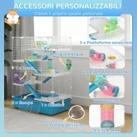 Gabbia per Criceti 6 Livelli con Tunnel, Ruota, Rampe, Casetta, Bottiglia e Ciotola, Azzurro