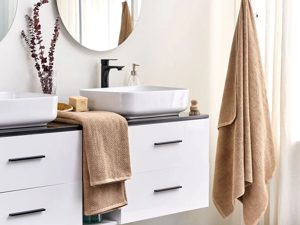 Set di 2 asciugamani in morbido cotone beige con motivo a spina di pesce stile classico ospiti bagno
