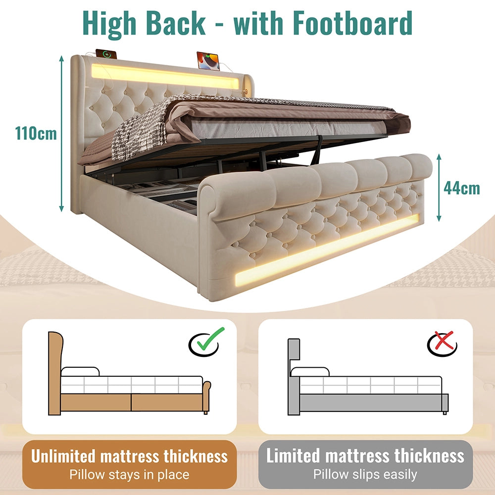 Letto matrimoniale-Xylo-160x200 cm-LED, USB-C, idraulico, velluto beige