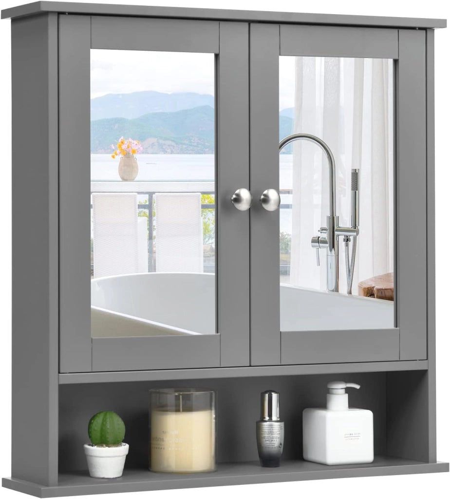 Armadietto Bagno a Parete, Mobiletto Pensile in Legno con 2 Ante di Specchio, 3 Ripiani di Stoccaggio, 3 Colori Disponibili, 56x13x58cm
