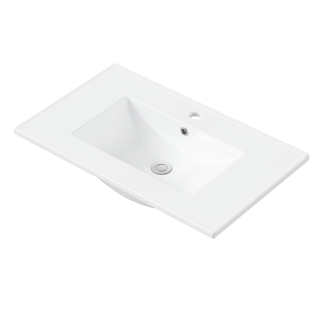 Mobile lavabo freestanding in MDF e ceramica, bianco, 76,5 x 47 x 83,5 cm, con 4 cassetti e cassetto ribaltabile