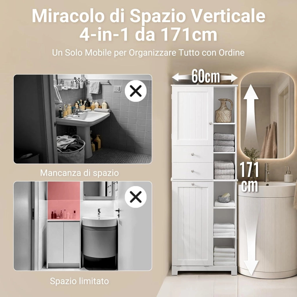 Mobile Bagno con Cesto per Linge Mobile Rangemento Alto Armadio Bagno con 6 Ripiani e 2 Cassetti Mobiletto Salvaspazio Bianco 60x37x171 cm BZR104-W