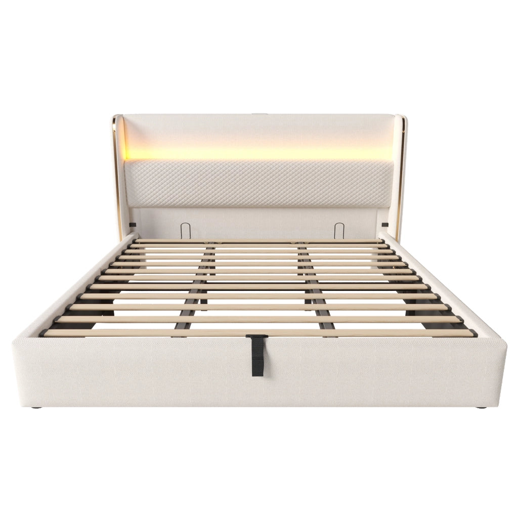 Letto Contenitore 180x200 cm; Letto Matrimoniale con LED; USB e Tipo-C in Lino Beige