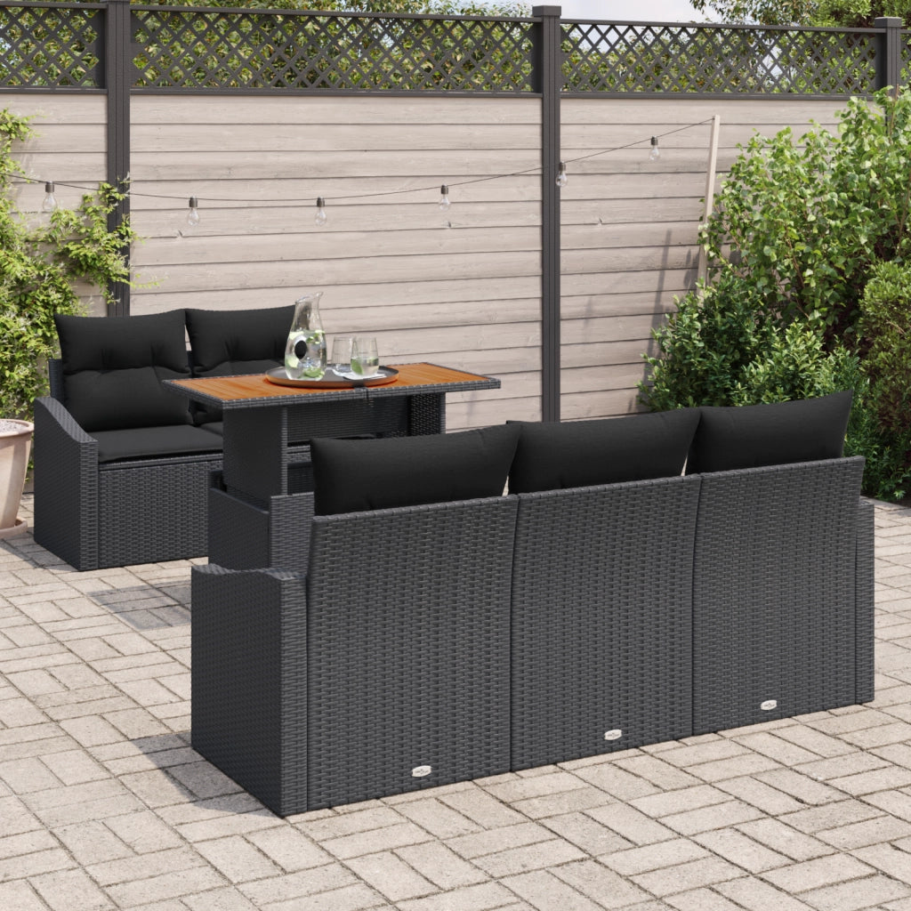 Set Pranzo Giardino 6 Pezzi con Cuscini Neri in Rattan Sintetico e Acacia