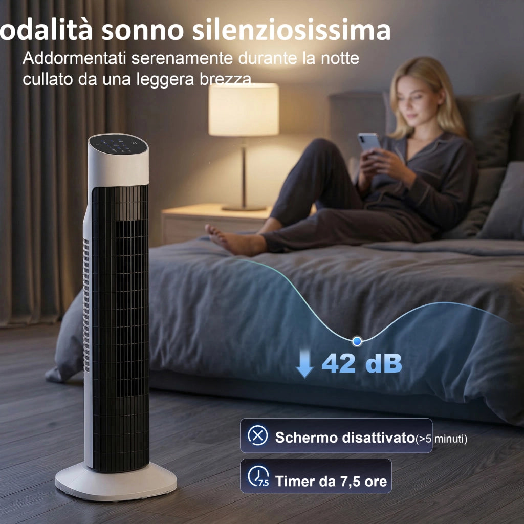 Ventilatore a Torre da Pavimento 25x25x80 cm Oscillante 70° in PP e ABS Bianco e Nero