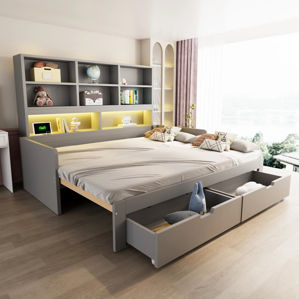Letto divano estensibile 90x200/180x200 cm con LED; USB; cassetti e ripiani aperti; legno grigio