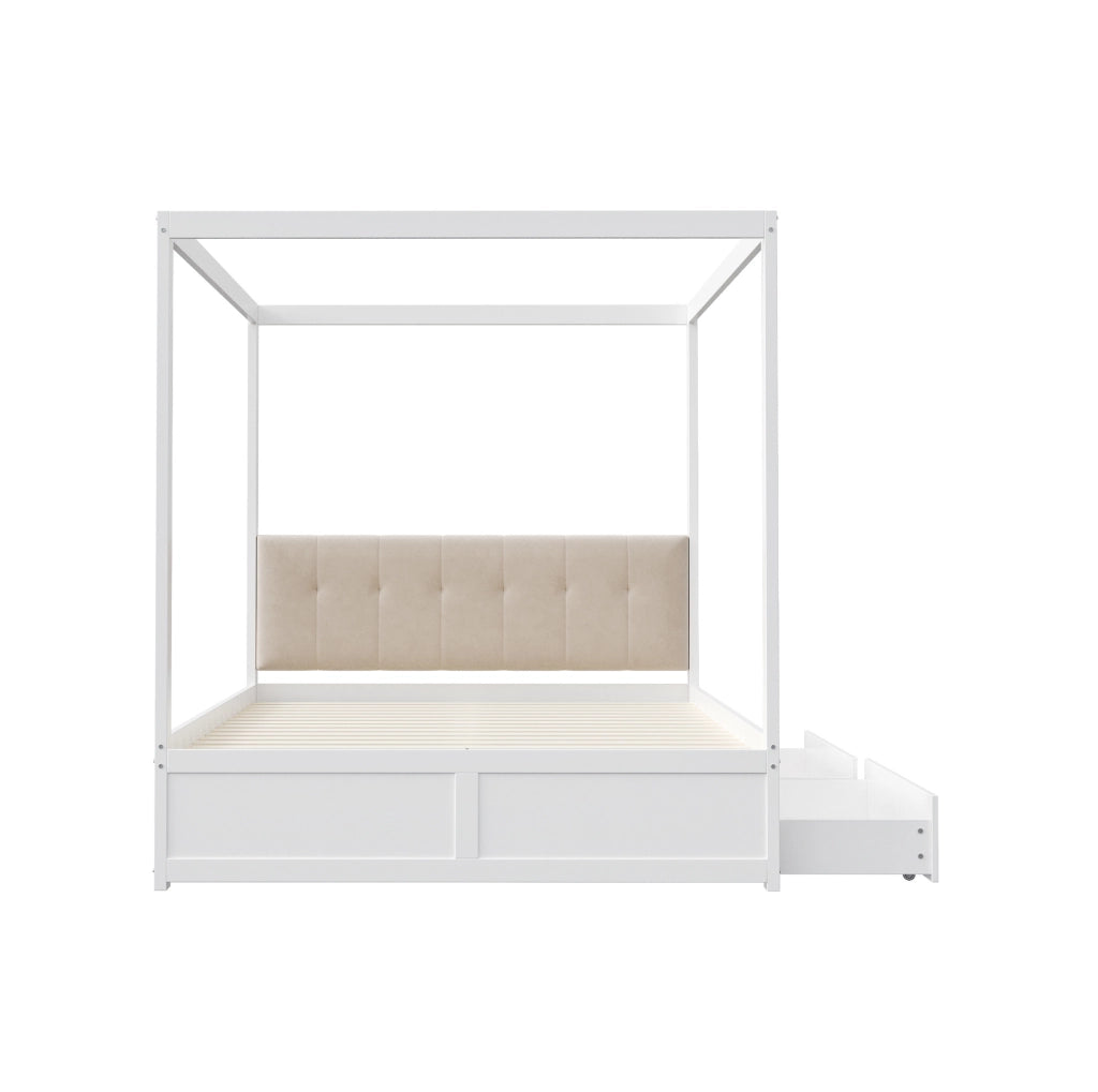 Letto a tenda 140x200 cm; con cassetti e testiera imbottita; legno bianco