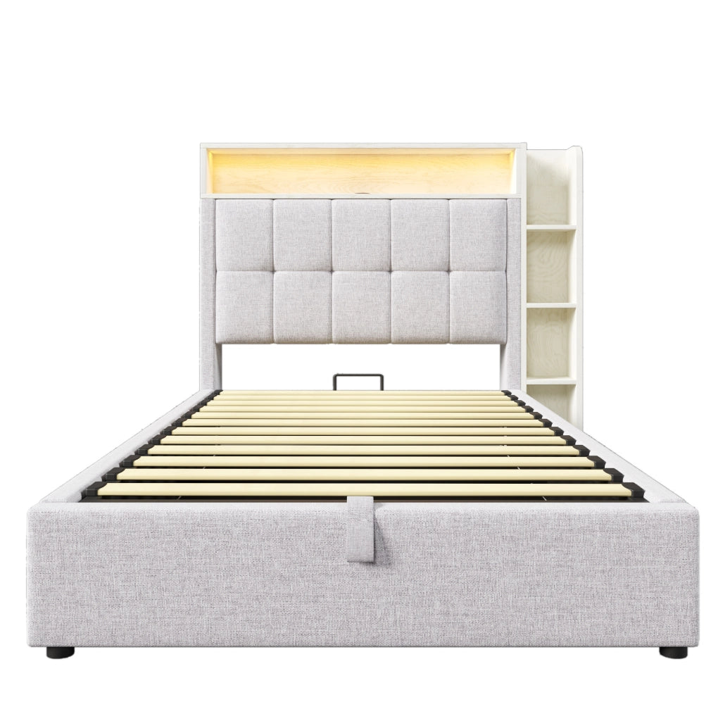 Letto imbottito 90x200 cm con contenitore; USB e LED in lino beige