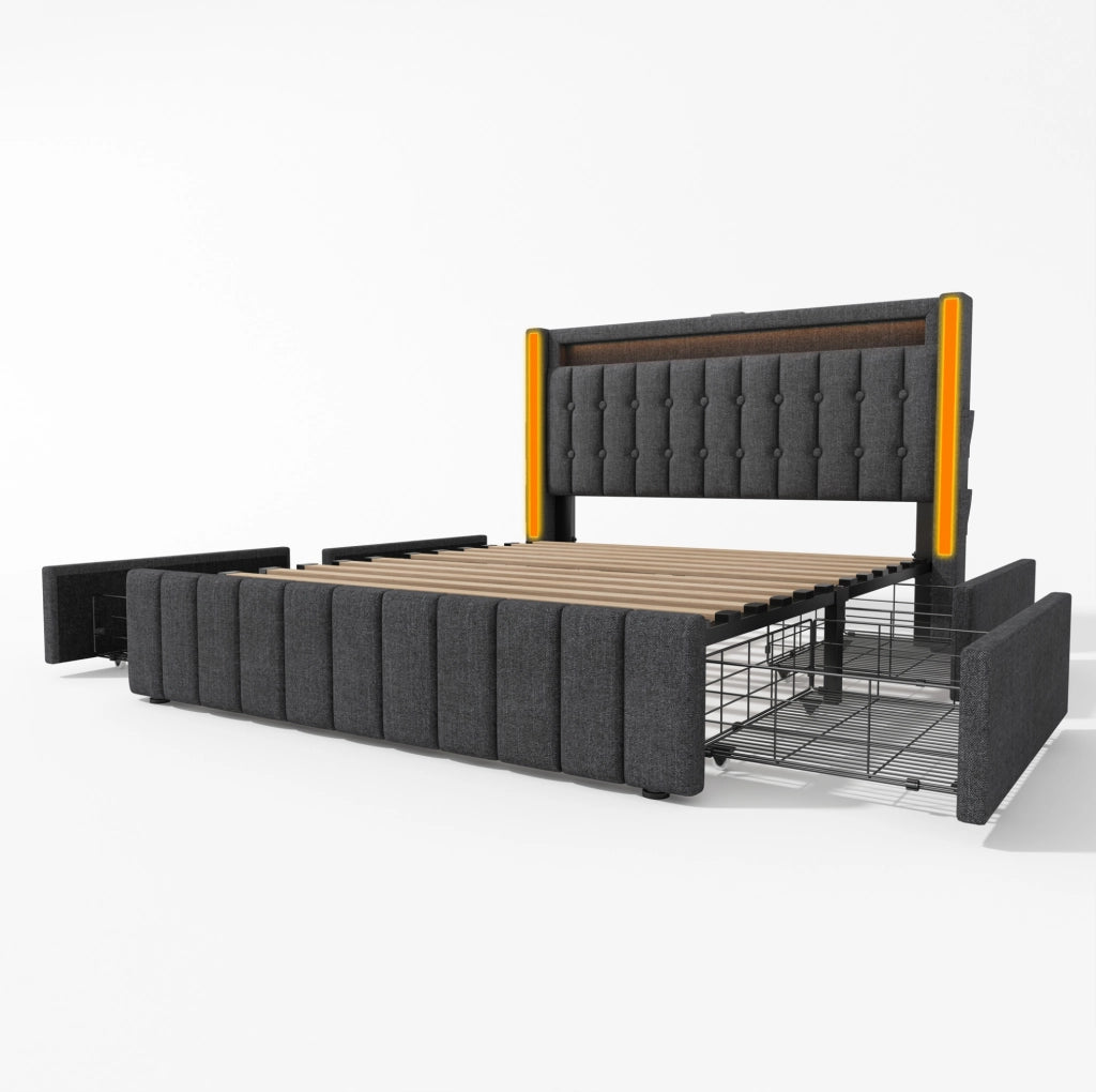 Letto matrimoniale 160x200 cm con LED; USB C e 4 cassetti; rivestimento in lino grigio