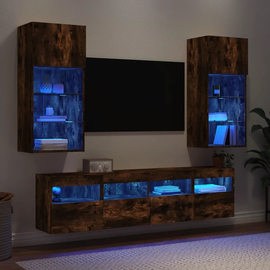 Mobili TV a Muro con LED 5pz Rovere Fumo in Legno Multistratocod mxl 134571